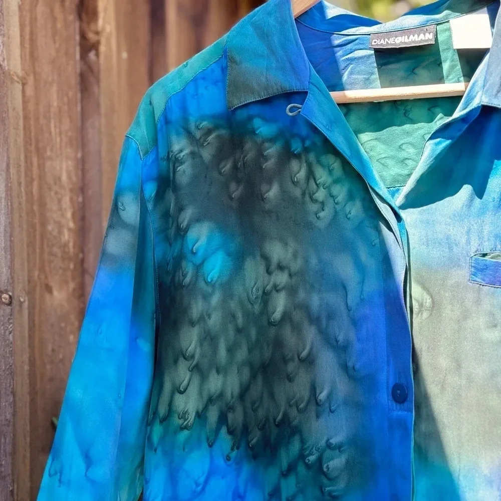 100% Washable Silk Blue/green Blouse - Diane Gilman -  S - Picture 4 of 4